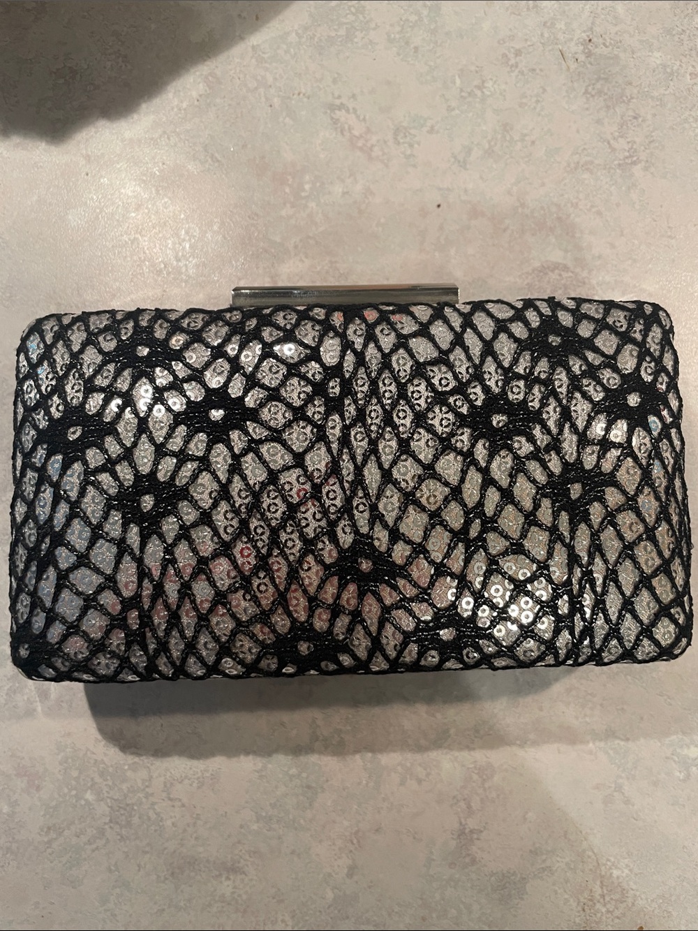 Tasha Silver Sequin with Black Mesh Clutch